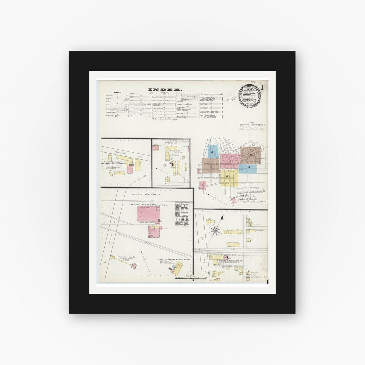 Old map wall art mockup — black gallery frame with white mat — Sanborn Fire Insurance Map from Hanover, York County, Pennsylvania (1891), Sheet #0001