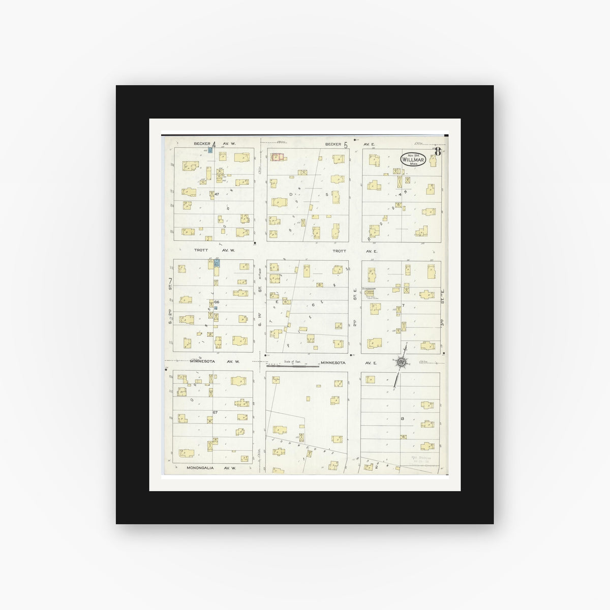 Old map wall art mockup — black gallery frame with white mat — Sanborn Fire Insurance Map from Willmar, Kandiyohi County, Minnesota (1914), Sheet #0008