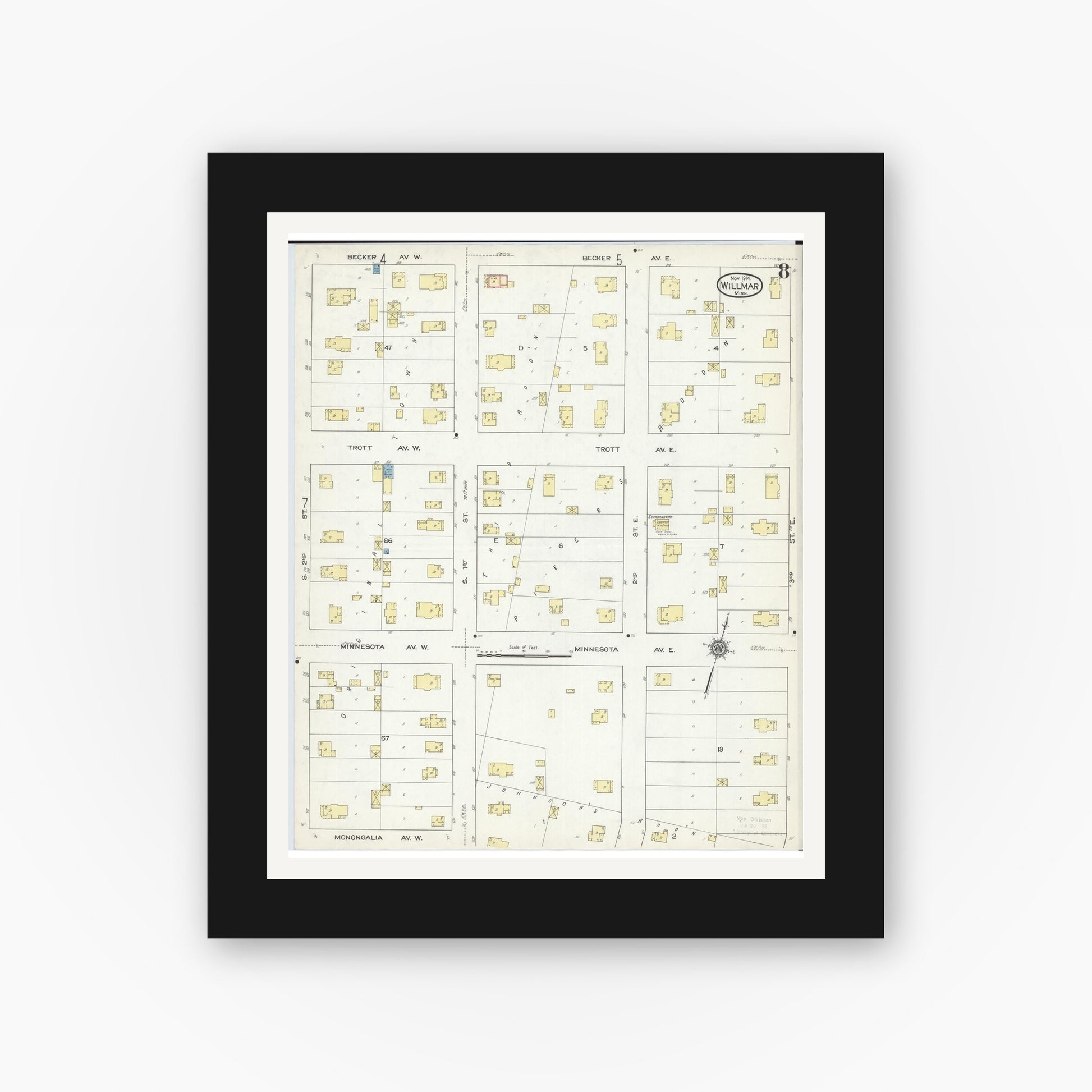 Old map wall art mockup — black gallery frame with white mat — Sanborn Fire Insurance Map from Willmar, Kandiyohi County, Minnesota (1914), Sheet #0008
