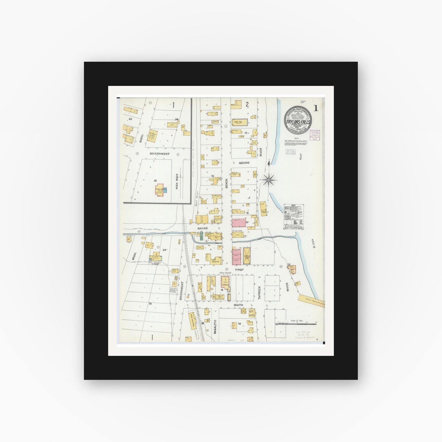 Old map wall art mockup — black gallery frame with white mat — Sanborn Fire Insurance Map from Taylors Falls, Chisago County, Minnesota (1904) - Complete Map Set