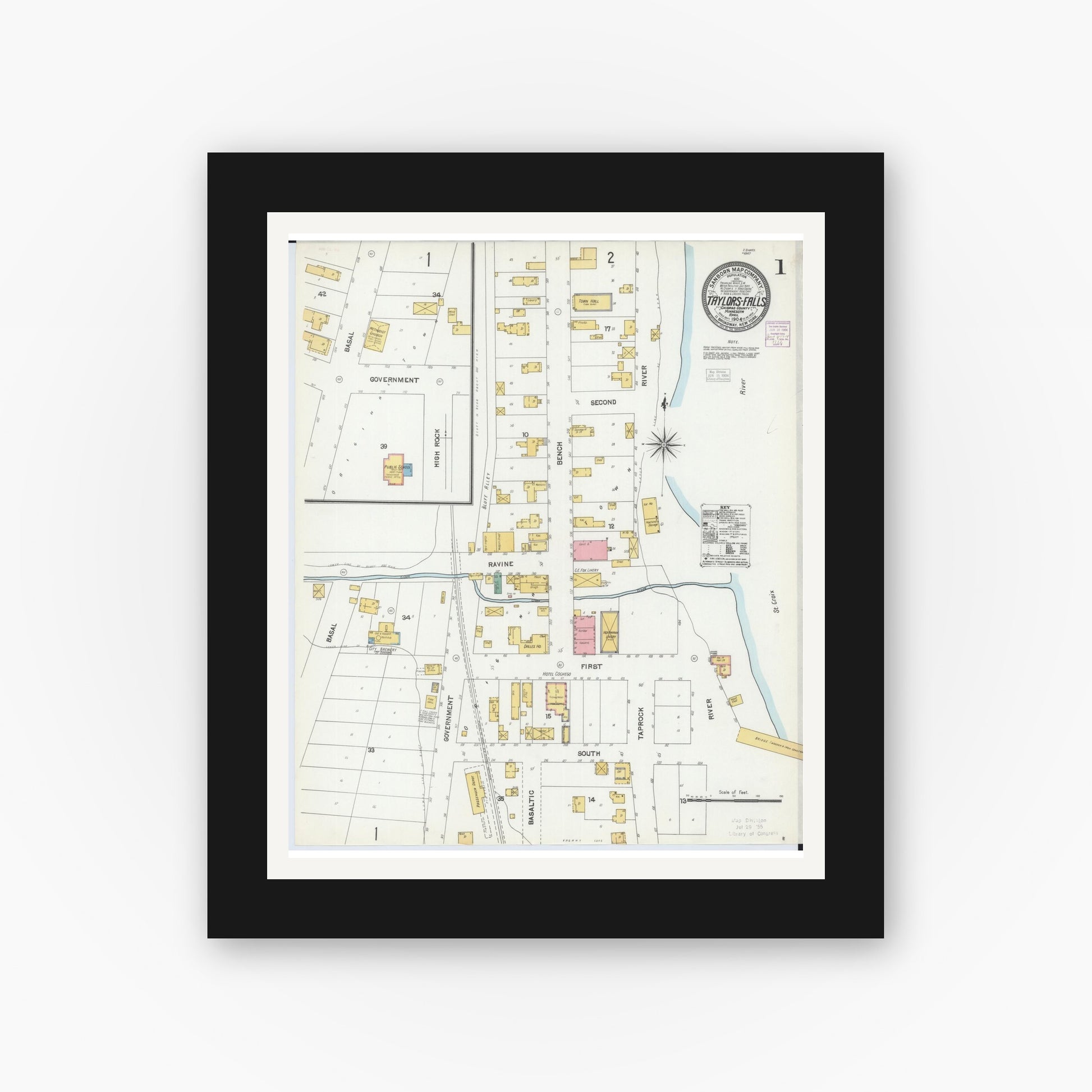 Old map wall art mockup — black gallery frame with white mat — Sanborn Fire Insurance Map from Taylors Falls, Chisago County, Minnesota (1904) - Complete Map Set