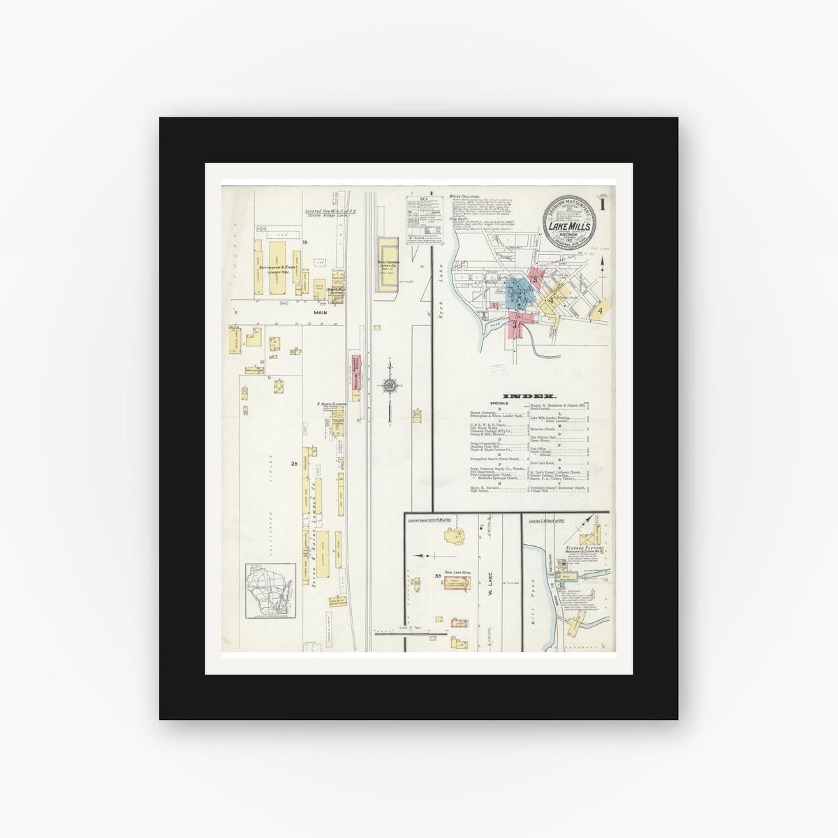 Old map wall art mockup — black gallery frame with white mat — Sanborn Fire Insurance Map from Lake Mills, Jefferson County, Wisconsin (1912) - Complete Map Set