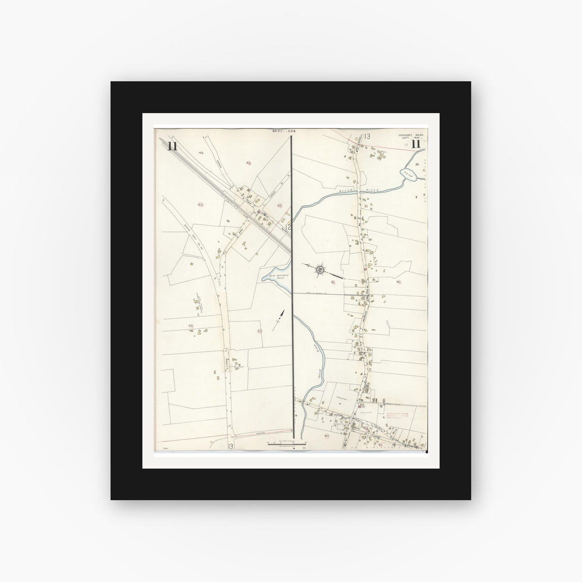 Old map wall art mockup — black gallery frame with white mat — Sanborn Fire Insurance Map from Cohasset, Norfolk County, Massachusetts (1940), Sheet #0011