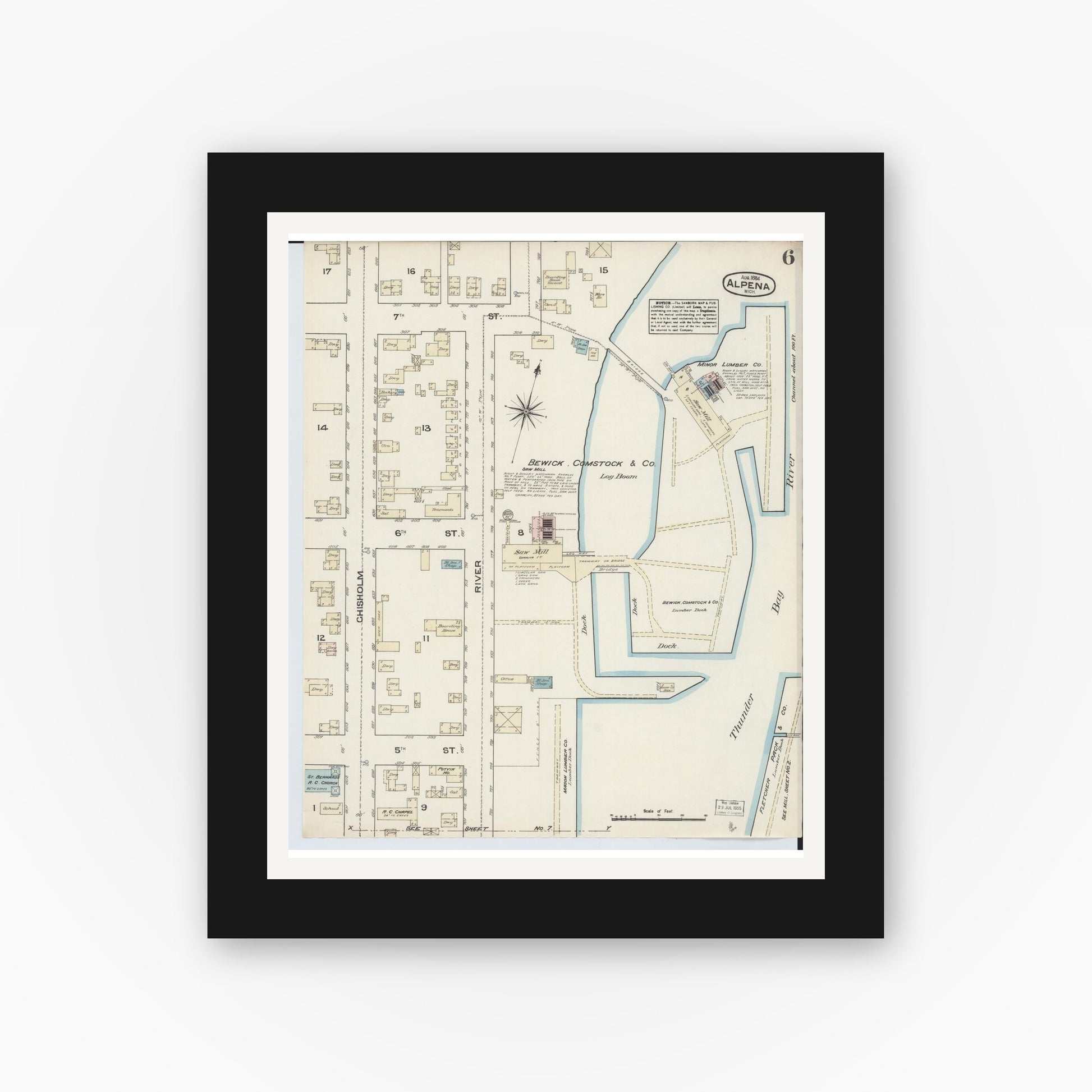 Old map wall art mockup — black gallery frame with white mat — Sanborn Fire Insurance Map from Alpena, Alpena County, Michigan (1884), Sheet #0006