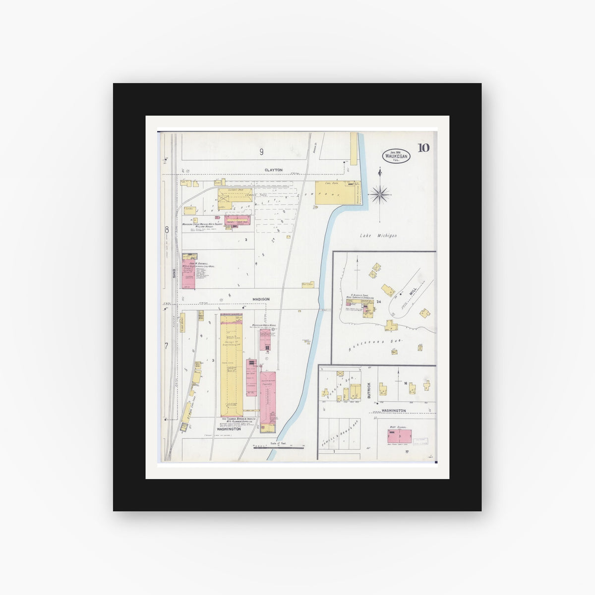 Old map wall art mockup — black gallery frame with white mat — Sanborn Fire Insurance Map from Waukegan, Lake County, Illinois (1906), Sheet #0010