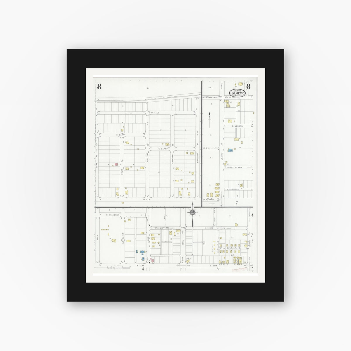 Old map wall art mockup — black gallery frame with white mat — Sanborn Fire Insurance Map from Palmetto, Manatee County, Florida (1930), Sheet #0008