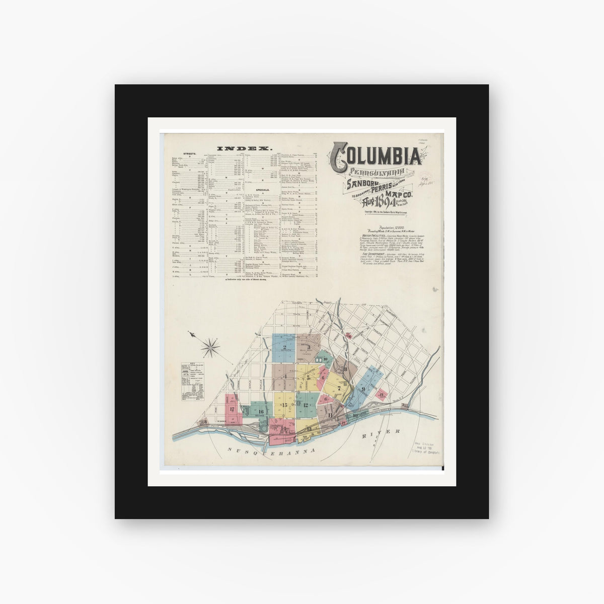 Old map wall art mockup — black gallery frame with white mat — Sanborn Fire Insurance Map from Columbia, Lancaster County, Pennsylvania (1894) - Complete Map Set