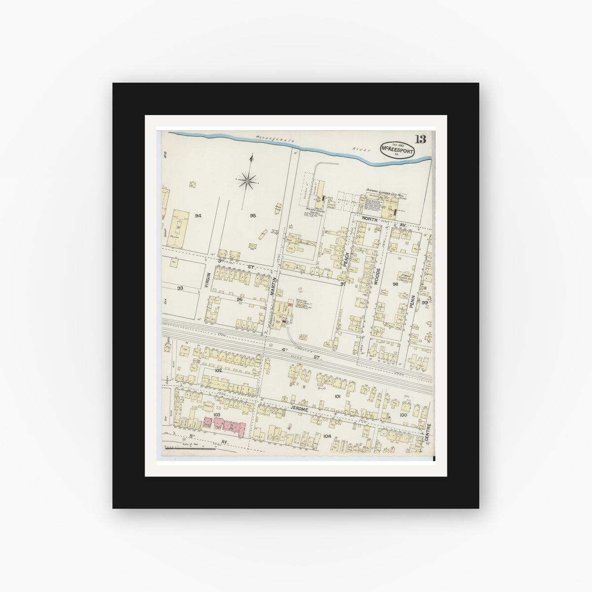 Old map wall art mockup — black gallery frame with white mat — Sanborn Fire Insurance Map from McKeesport, Allegheny County, Pennsylvania (1889), Sheet #0013