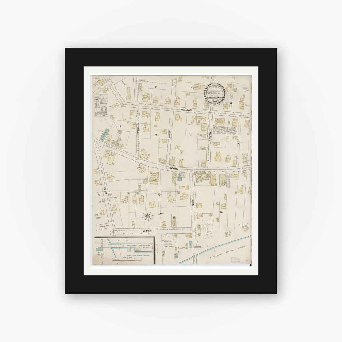 Old map wall art mockup — black gallery frame with white mat — Sanborn Fire Insurance Map from Vineyard Haven, Dukes County, Massachusetts (1887), Sheet #0001