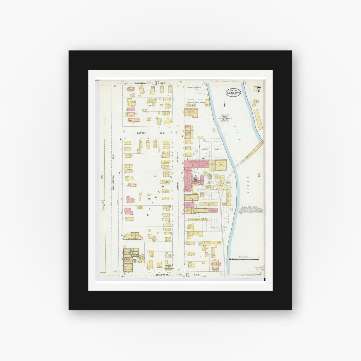 Old map wall art mockup — black gallery frame with white mat — Sanborn Fire Insurance Map from Lansing, Ingham County, Michigan (1906), Sheet #0007
