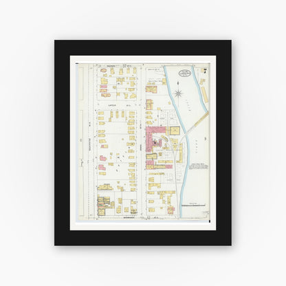 Old map wall art mockup — black gallery frame with white mat — Sanborn Fire Insurance Map from Lansing, Ingham County, Michigan (1906), Sheet #0007