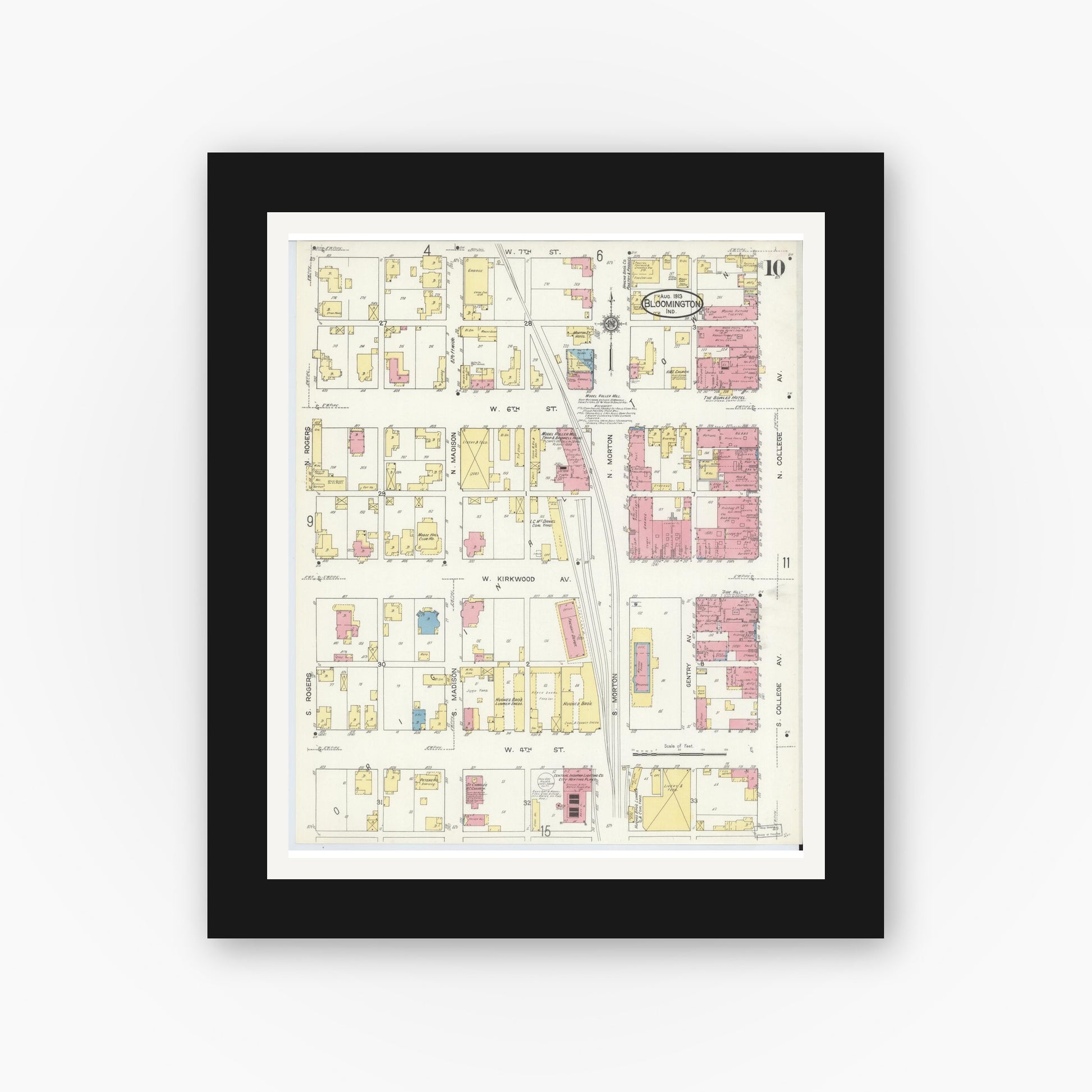 Old map wall art mockup — black gallery frame with white mat — Sanborn Fire Insurance Map from Bloomington, Monroe County, Indiana (1913), Sheet #0010