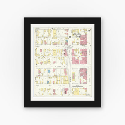 Old map wall art mockup — black gallery frame with white mat — Sanborn Fire Insurance Map from Bloomington, Monroe County, Indiana (1913), Sheet #0010