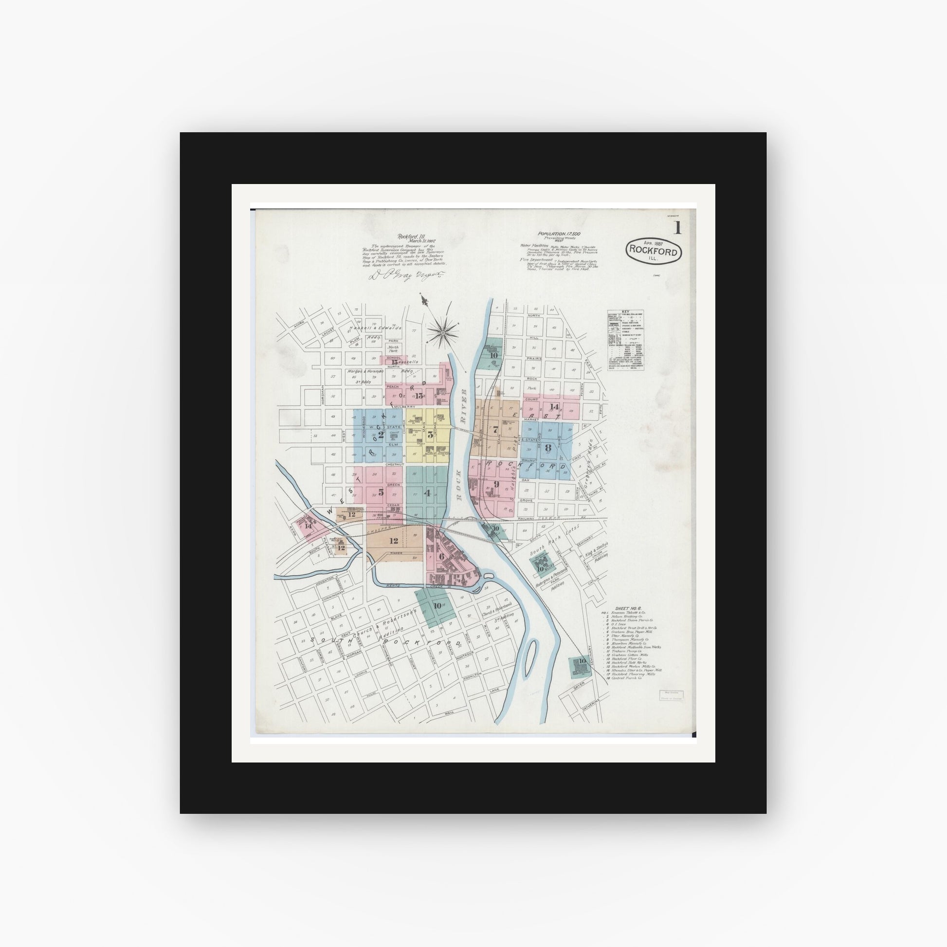Old map wall art mockup — black gallery frame with white mat — Sanborn Fire Insurance Map from Rockford, Winnebago County, Illinois (1887) - Complete Map Set