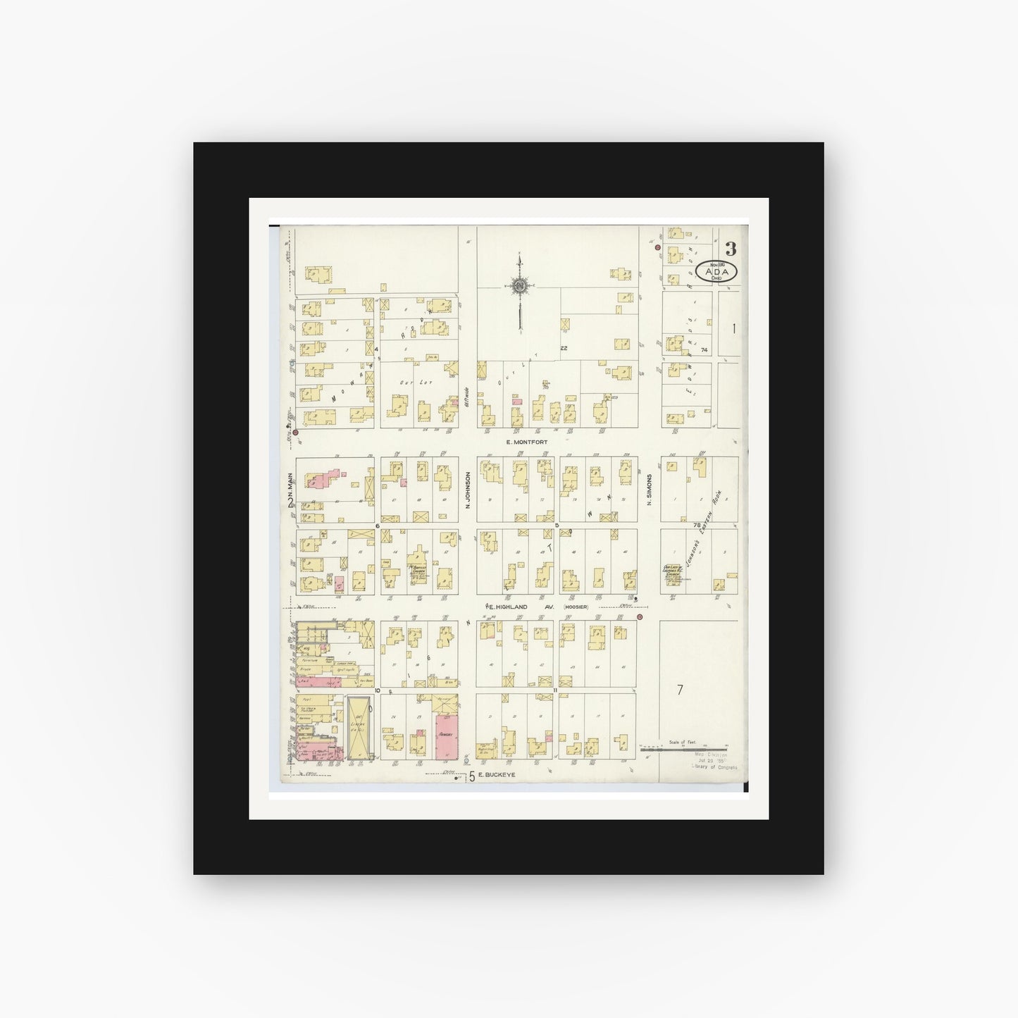 Old map wall art mockup — black gallery frame with white mat — Sanborn Fire Insurance Map from Ada, Hardin County, Ohio (1910), Sheet #0003