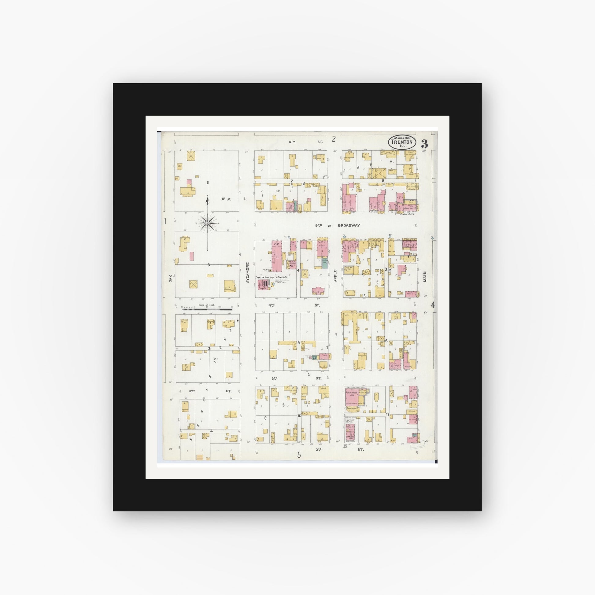 Old map wall art mockup — black gallery frame with white mat — Sanborn Fire Insurance Map from Trenton, Clinton County, Illinois (1906), Sheet #0003