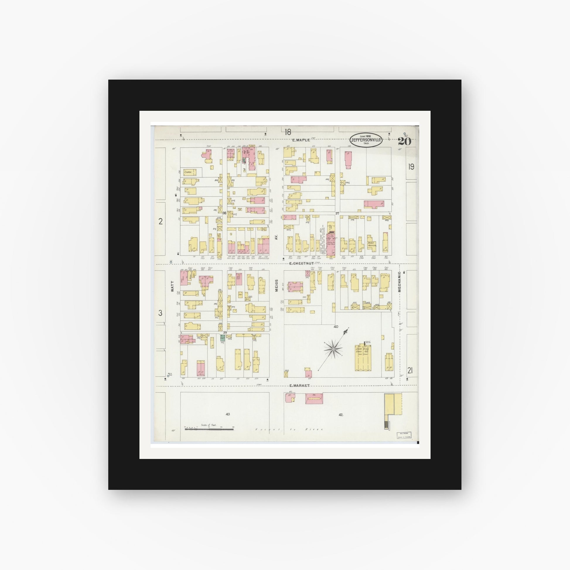 Old map wall art mockup — black gallery frame with white mat — Sanborn Fire Insurance Map from Jeffersonville, Clark County, Indiana (1898), Sheet #0020