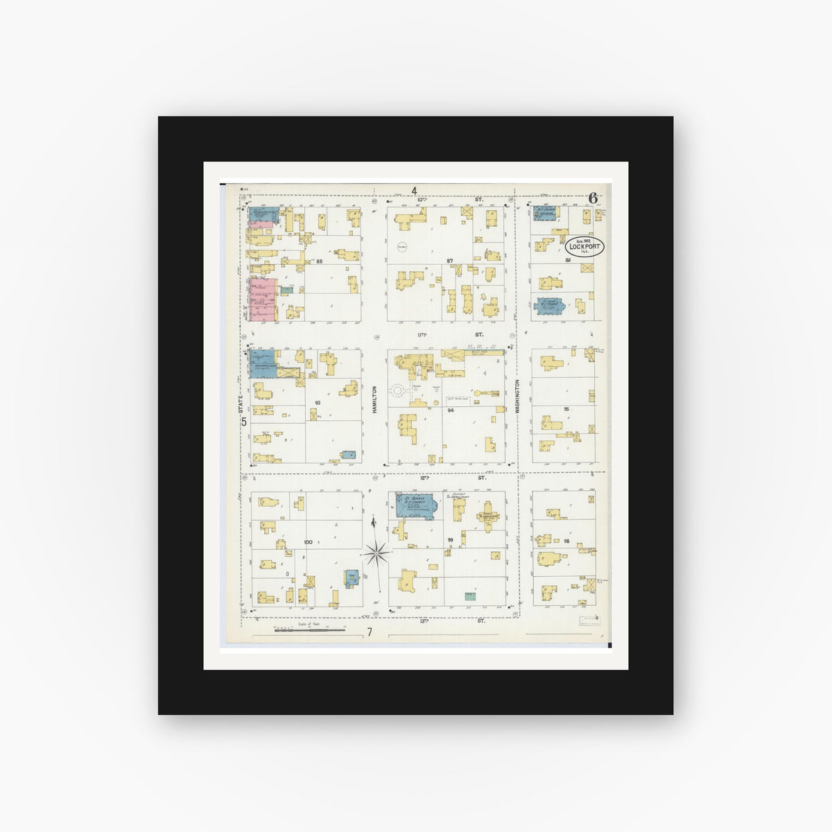 Old map wall art mockup — black gallery frame with white mat — Sanborn Fire Insurance Map from Lockport, Will County, Illinois (1902), Sheet #0006