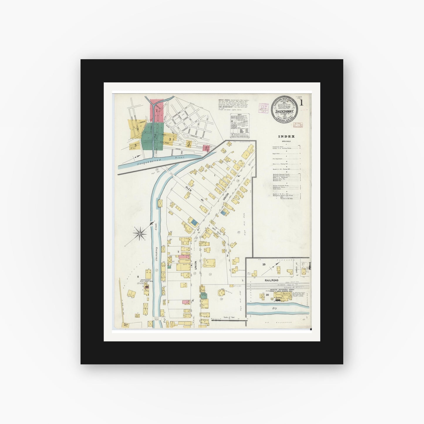 Old map wall art mockup — black gallery frame with white mat — Sanborn Fire Insurance Map from Shickshinny, Luzerne County, Pennsylvania (1907) - Complete Map Set