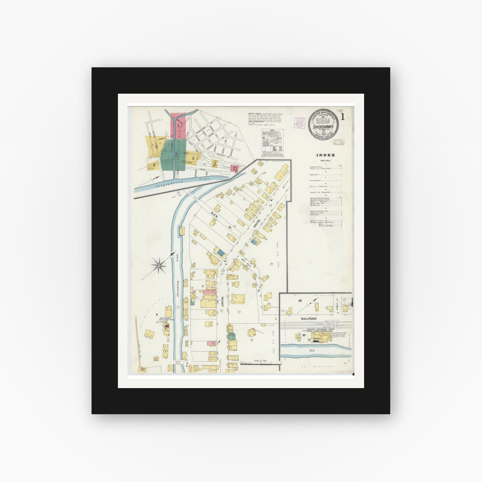 Old map wall art mockup — black gallery frame with white mat — Sanborn Fire Insurance Map from Shickshinny, Luzerne County, Pennsylvania (1907) - Complete Map Set