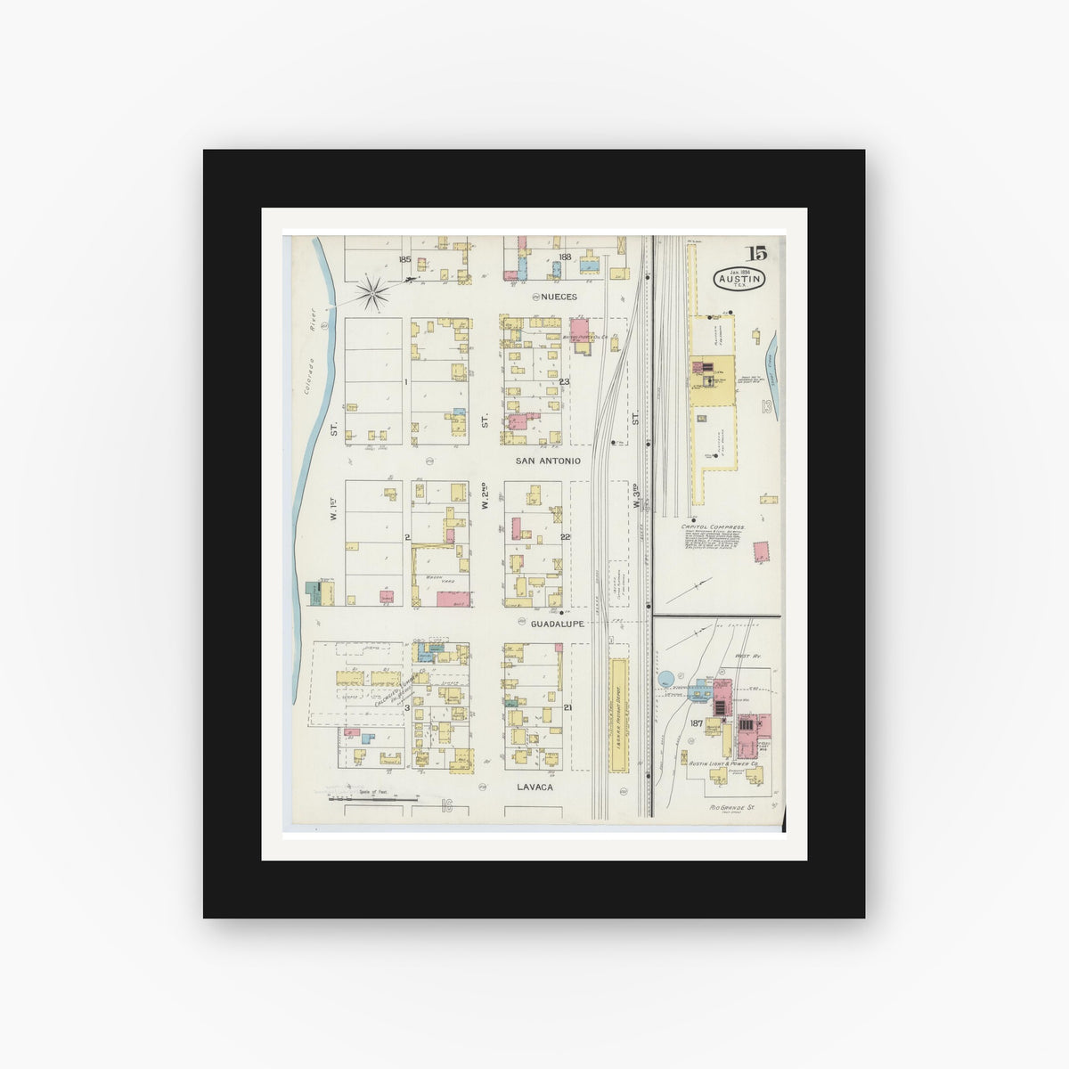 Old map wall art mockup — black gallery frame with white mat — Sanborn Fire Insurance Map from Austin, Travis County, Texas (1894), Sheet #0015