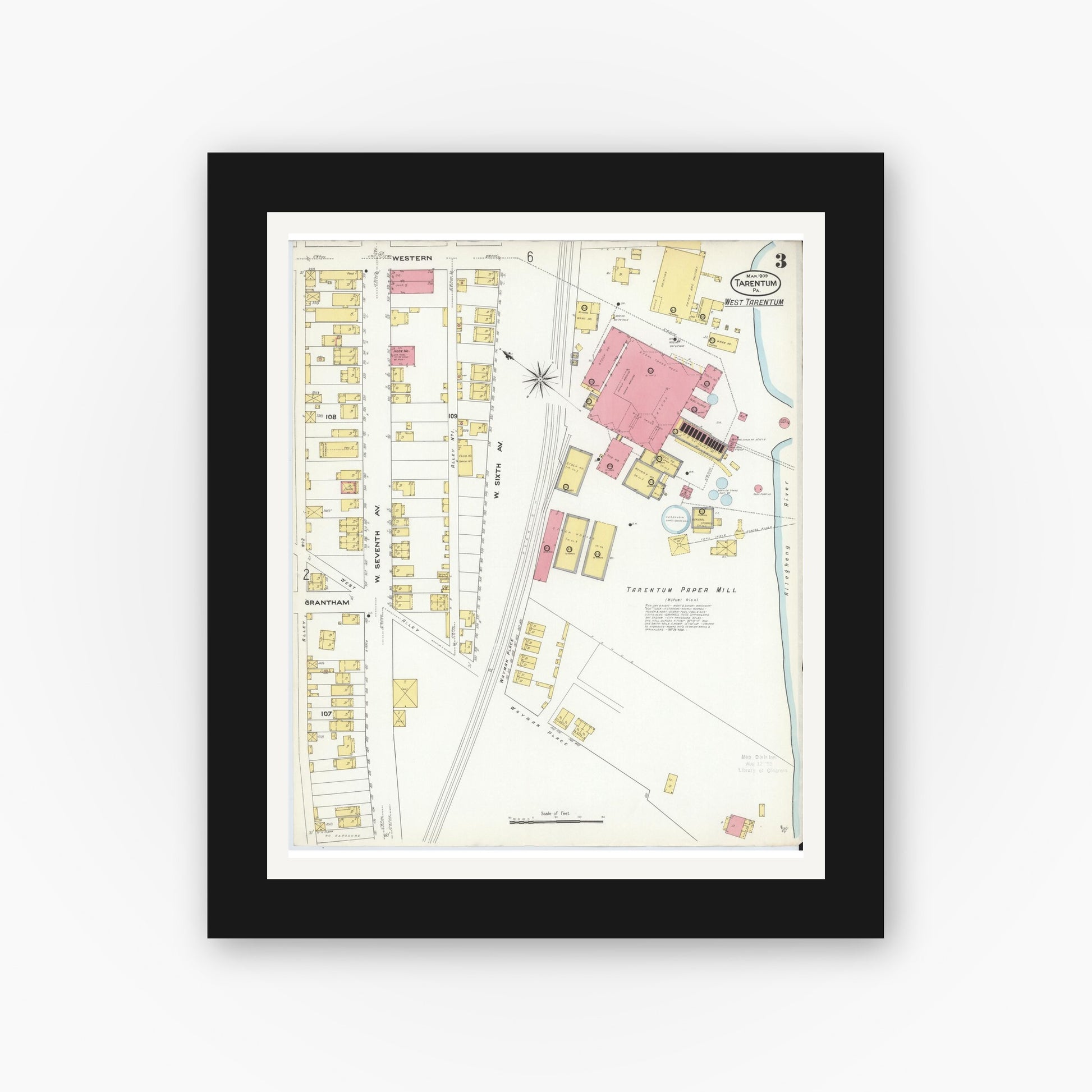 Old map wall art mockup — black gallery frame with white mat — Sanborn Fire Insurance Map from Tarentum, Allegheny County, Pennsylvania (1909), Sheet #0003