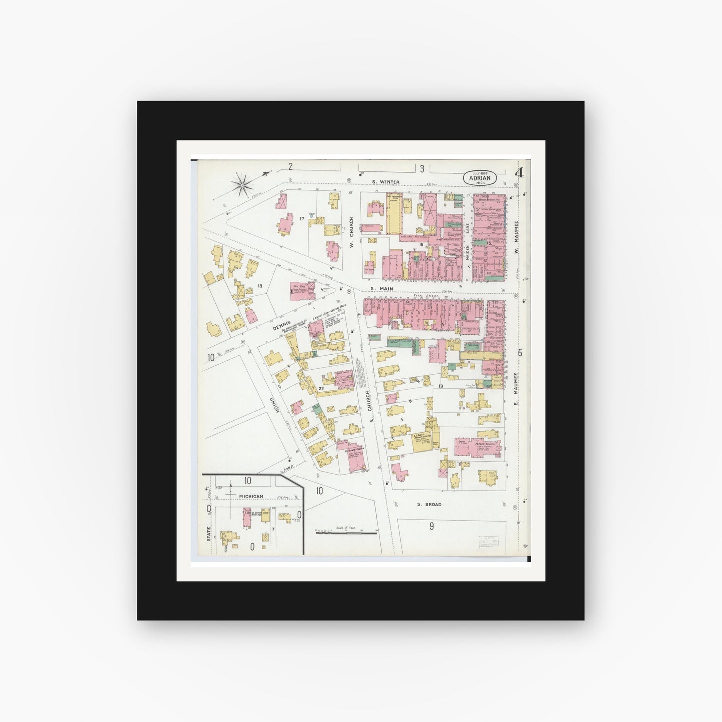 Old map wall art mockup — black gallery frame with white mat — Sanborn Fire Insurance Map from Adrian, Lenawee County, Michigan (1899), Sheet #0004