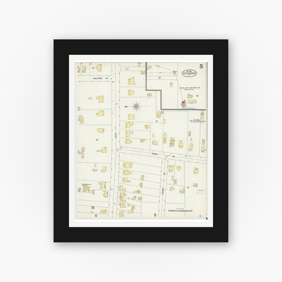 Old map wall art mockup — black gallery frame with white mat — Sanborn Fire Insurance Map from Patchogue, Suffolk County, New York (1897), Sheet #0005