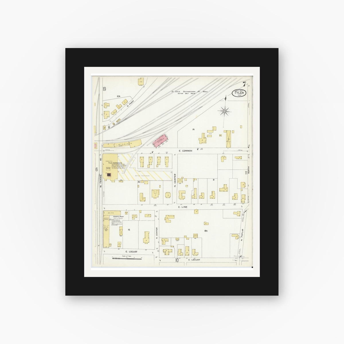 Old map wall art mockup — black gallery frame with white mat — Sanborn Fire Insurance Map from Tyler, Smith County, Texas (1907), Sheet #0007