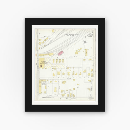Old map wall art mockup — black gallery frame with white mat — Sanborn Fire Insurance Map from Tyler, Smith County, Texas (1907), Sheet #0007