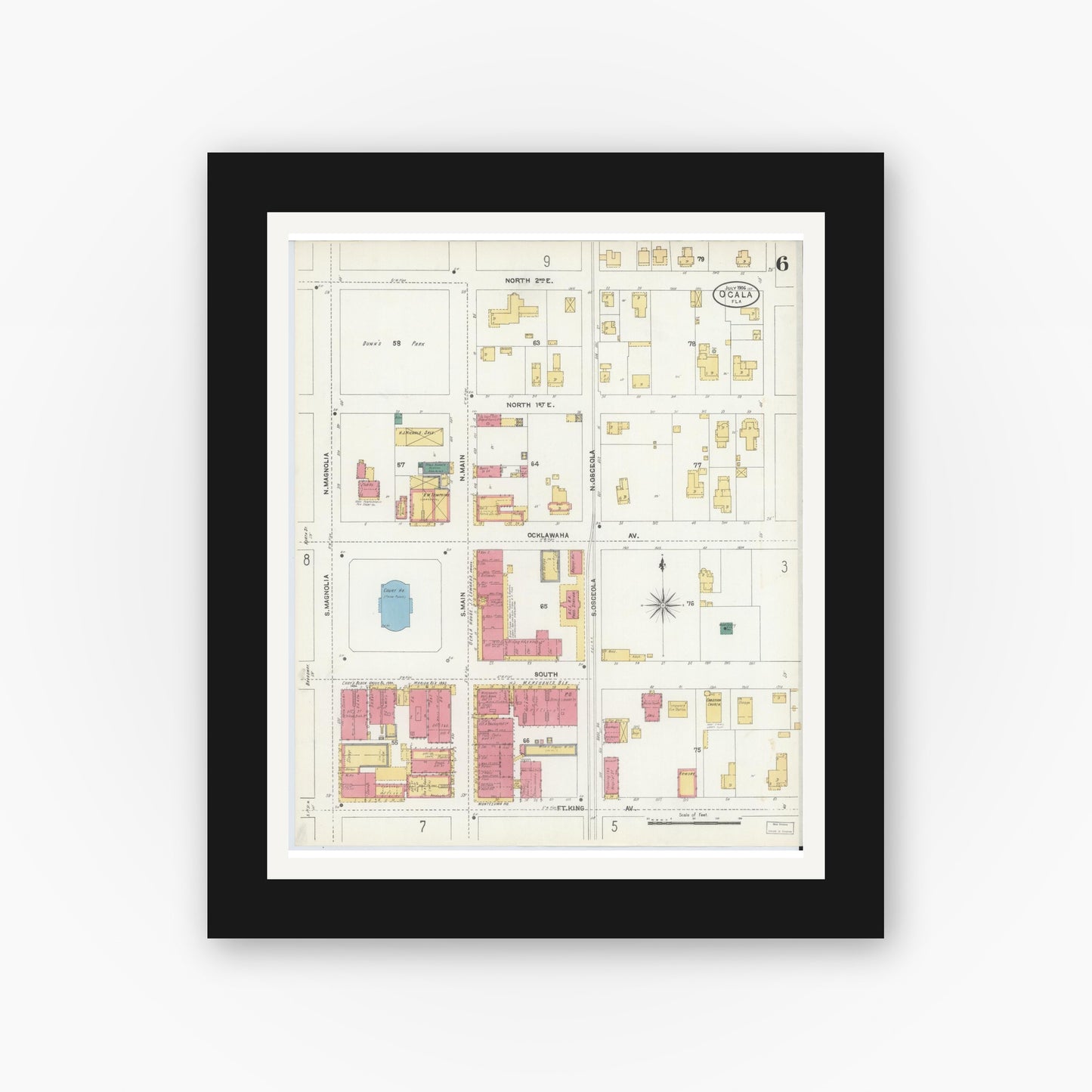 Old map wall art mockup — black gallery frame with white mat — Sanborn Fire Insurance Map from Ocala, Marion County, Florida (1906), Sheet #0006
