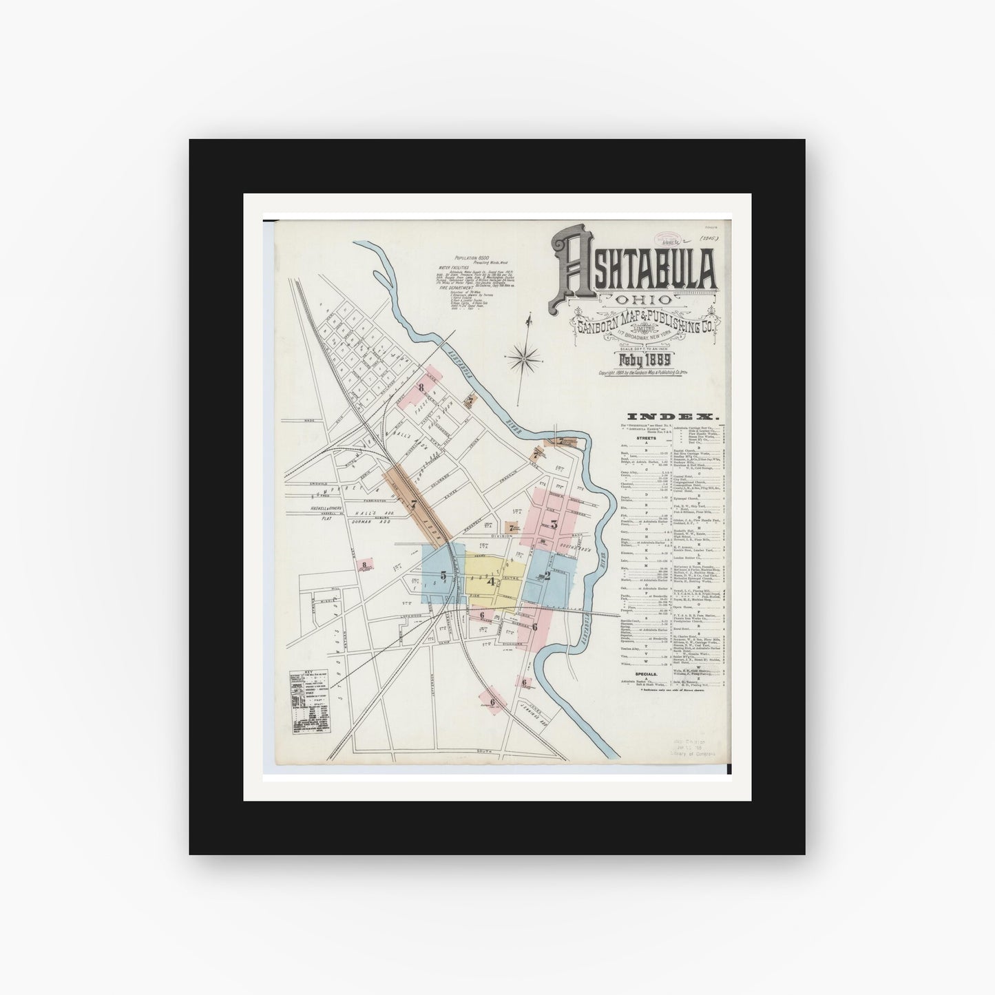 Old map wall art mockup — black gallery frame with white mat — Sanborn Fire Insurance Map from Ashtabula, Ashtabula County, Ohio (1889) - Complete Map Set