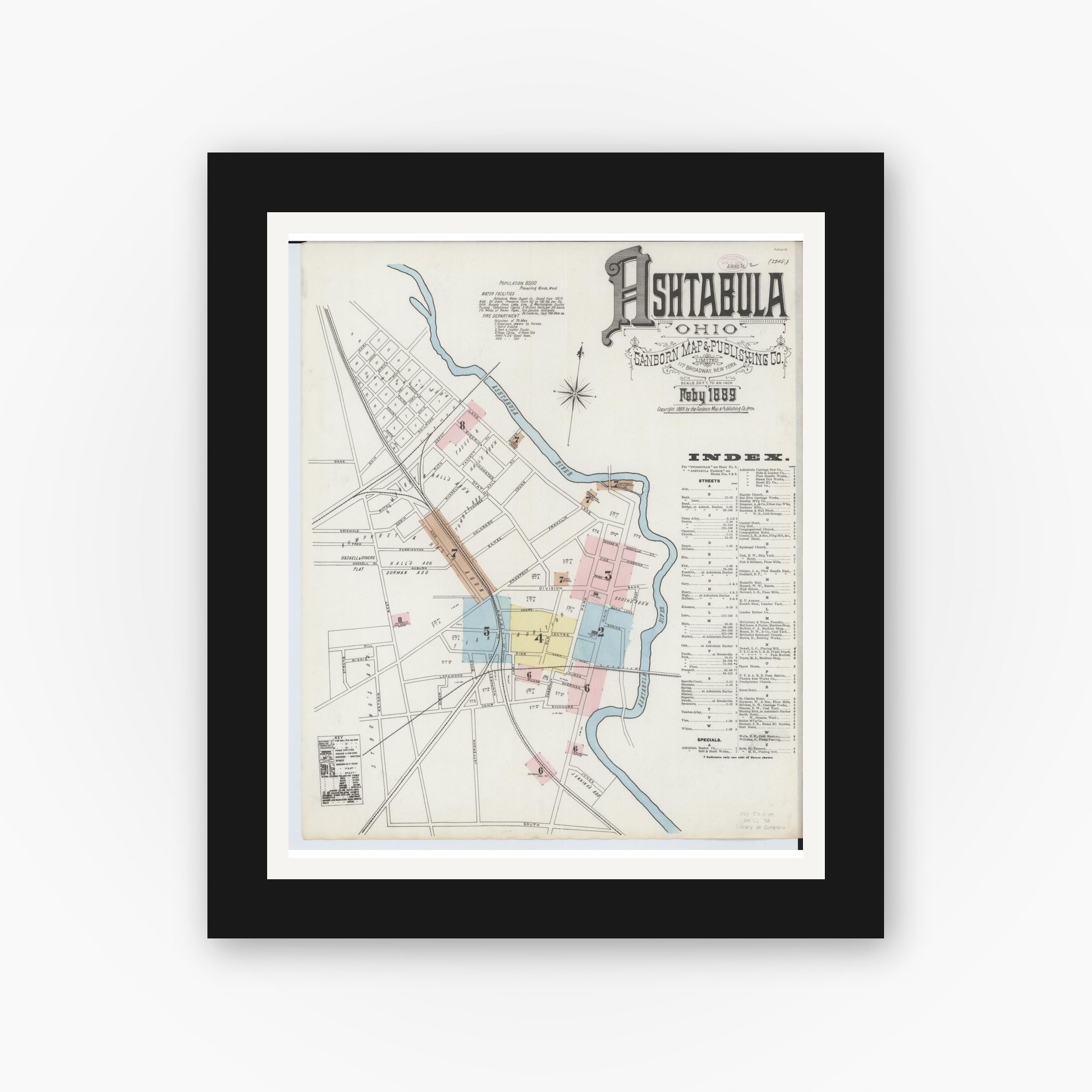Old map wall art mockup — black gallery frame with white mat — Sanborn Fire Insurance Map from Ashtabula, Ashtabula County, Ohio (1889) - Complete Map Set