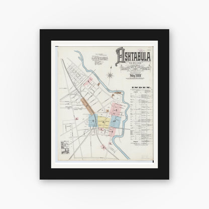 Old map wall art mockup — black gallery frame with white mat — Sanborn Fire Insurance Map from Ashtabula, Ashtabula County, Ohio (1889) - Complete Map Set