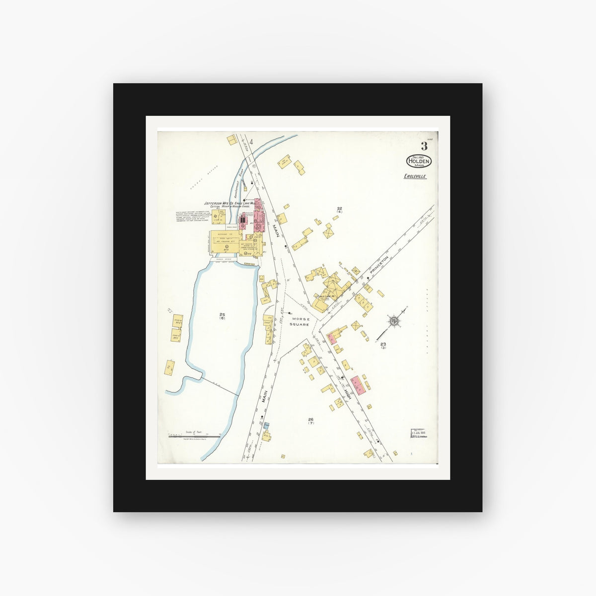 Old map wall art mockup — black gallery frame with white mat — Sanborn Fire Insurance Map from Holden, Worcester County, Massachusetts (1921), Sheet #0003