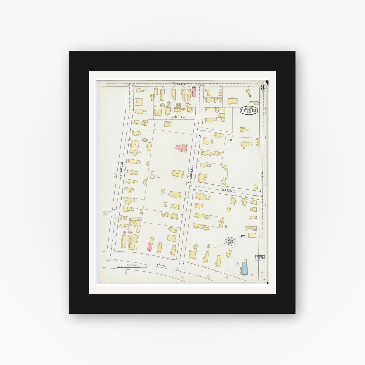 Old map wall art mockup — black gallery frame with white mat — Sanborn Fire Insurance Map from Pittsfield, Berkshire County, Massachusetts (1895), Sheet #0003
