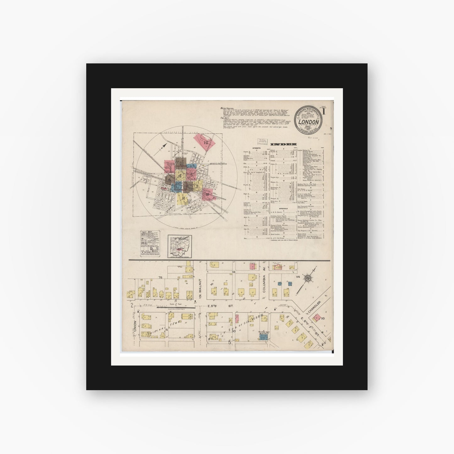 Old map wall art mockup — black gallery frame with white mat — Sanborn Fire Insurance Map from London, Madison County, Ohio (1921), Sheet #0001