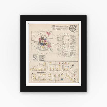 Old map wall art mockup — black gallery frame with white mat — Sanborn Fire Insurance Map from London, Madison County, Ohio (1921), Sheet #0001