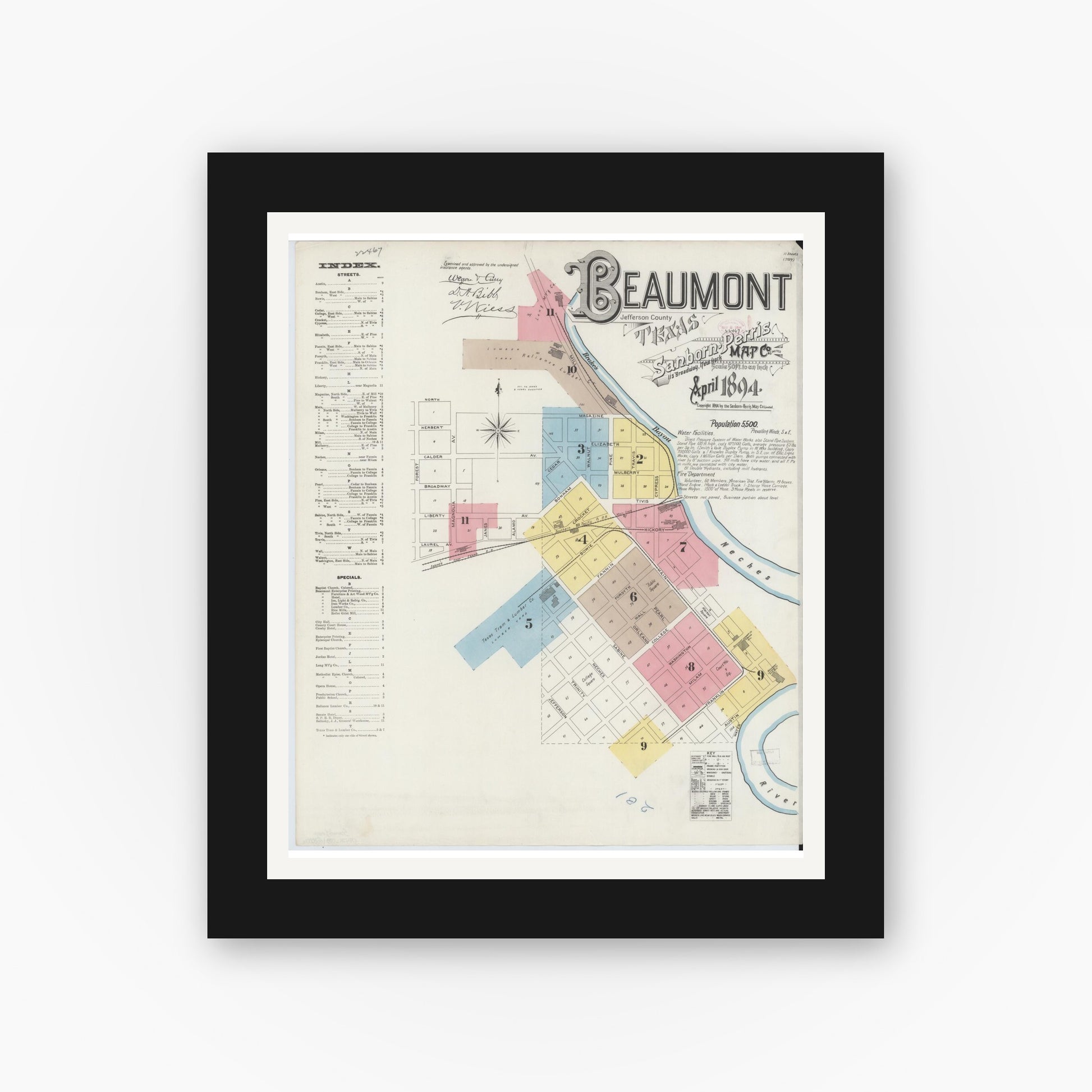 Old map wall art mockup — black gallery frame with white mat — Sanborn Fire Insurance Map from Beaumont, Jefferson County, Texas (1894) - Complete Map Set