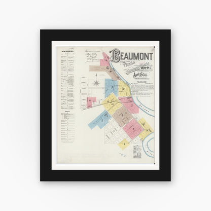Old map wall art mockup — black gallery frame with white mat — Sanborn Fire Insurance Map from Beaumont, Jefferson County, Texas (1894) - Complete Map Set