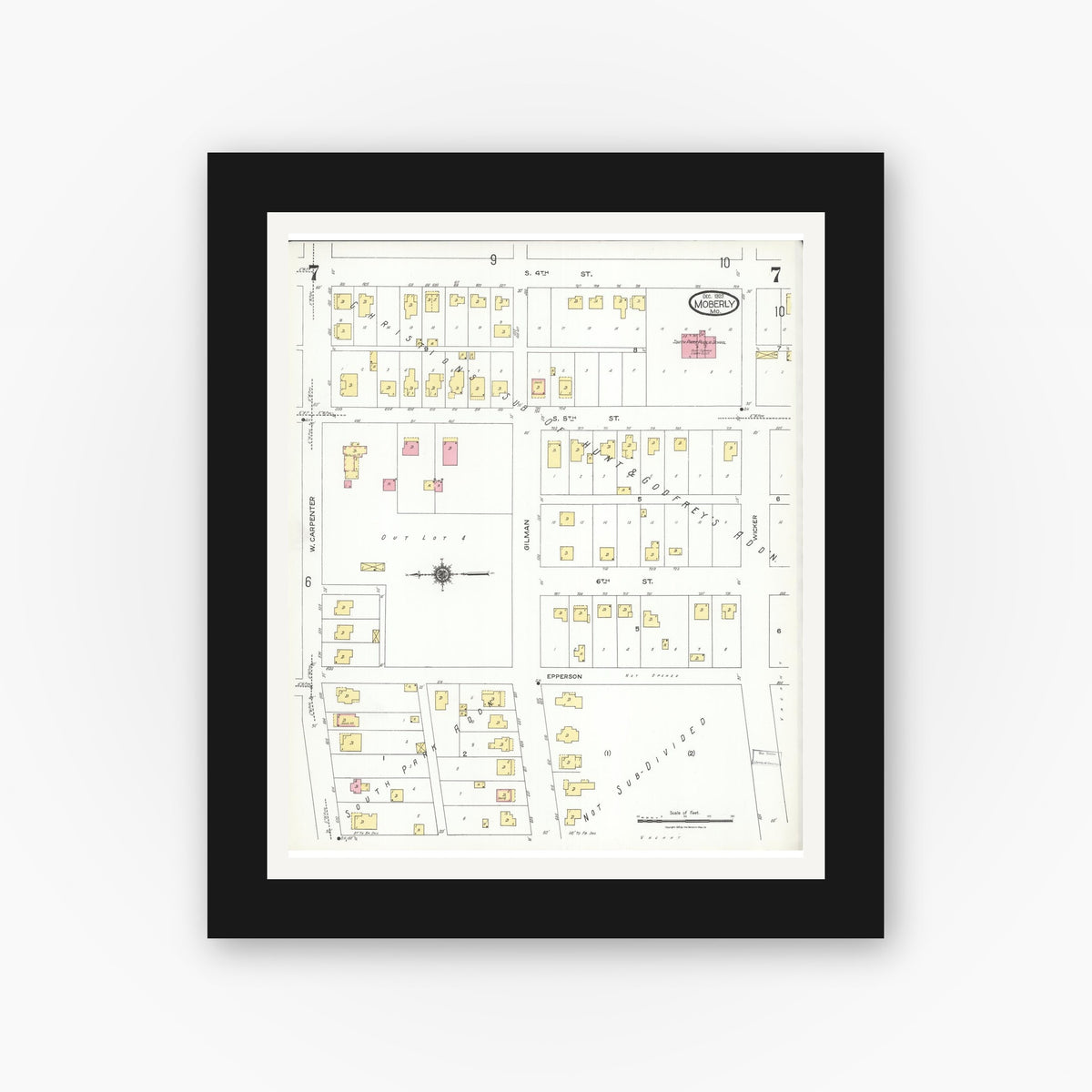 Old map wall art mockup — black gallery frame with white mat — Sanborn Fire Insurance Map from Moberly, Randolph County, Missouri (1923), Sheet #0007