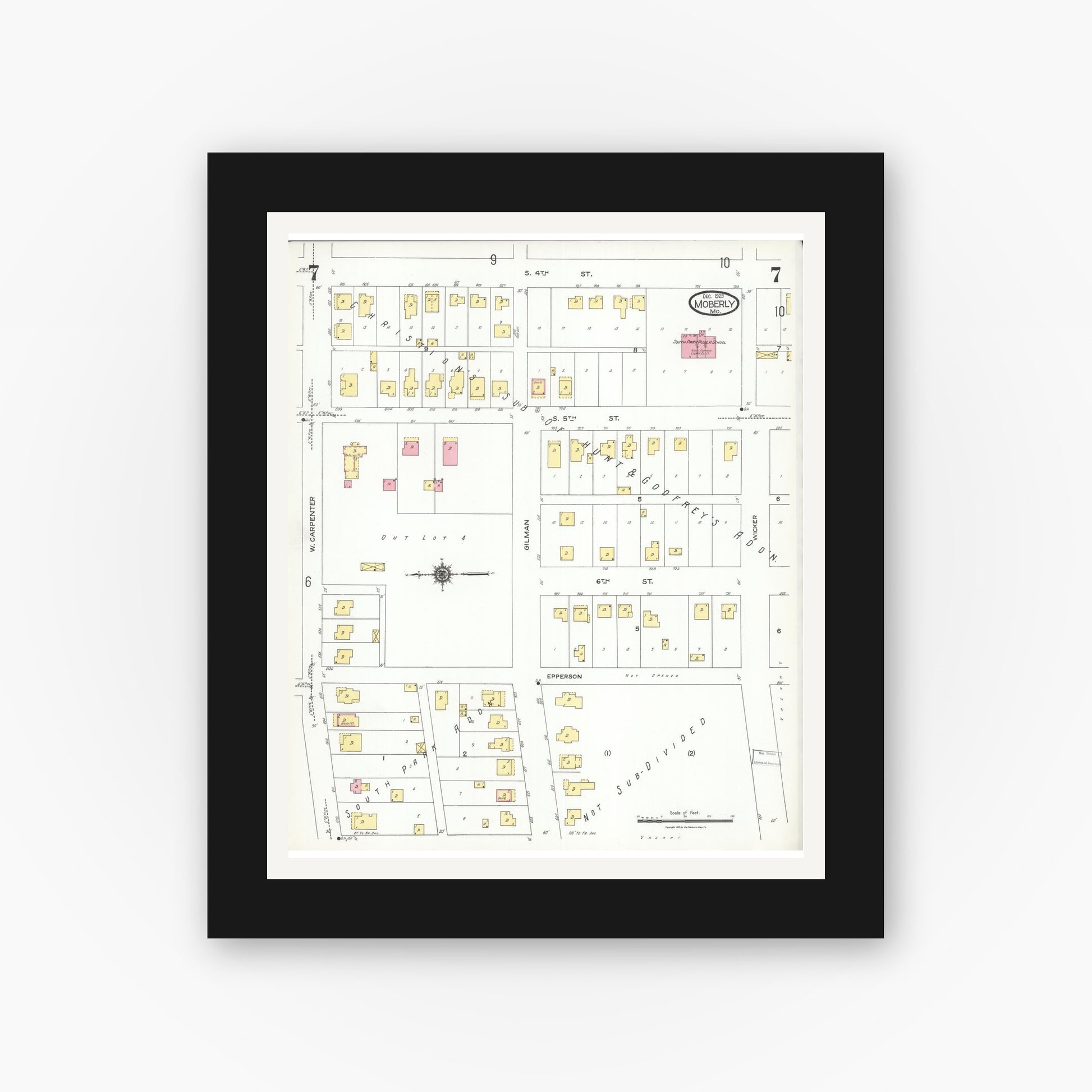 Old map wall art mockup — black gallery frame with white mat — Sanborn Fire Insurance Map from Moberly, Randolph County, Missouri (1923), Sheet #0007