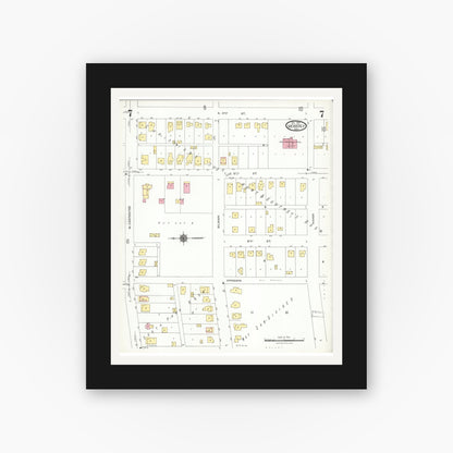 Old map wall art mockup — black gallery frame with white mat — Sanborn Fire Insurance Map from Moberly, Randolph County, Missouri (1923), Sheet #0007