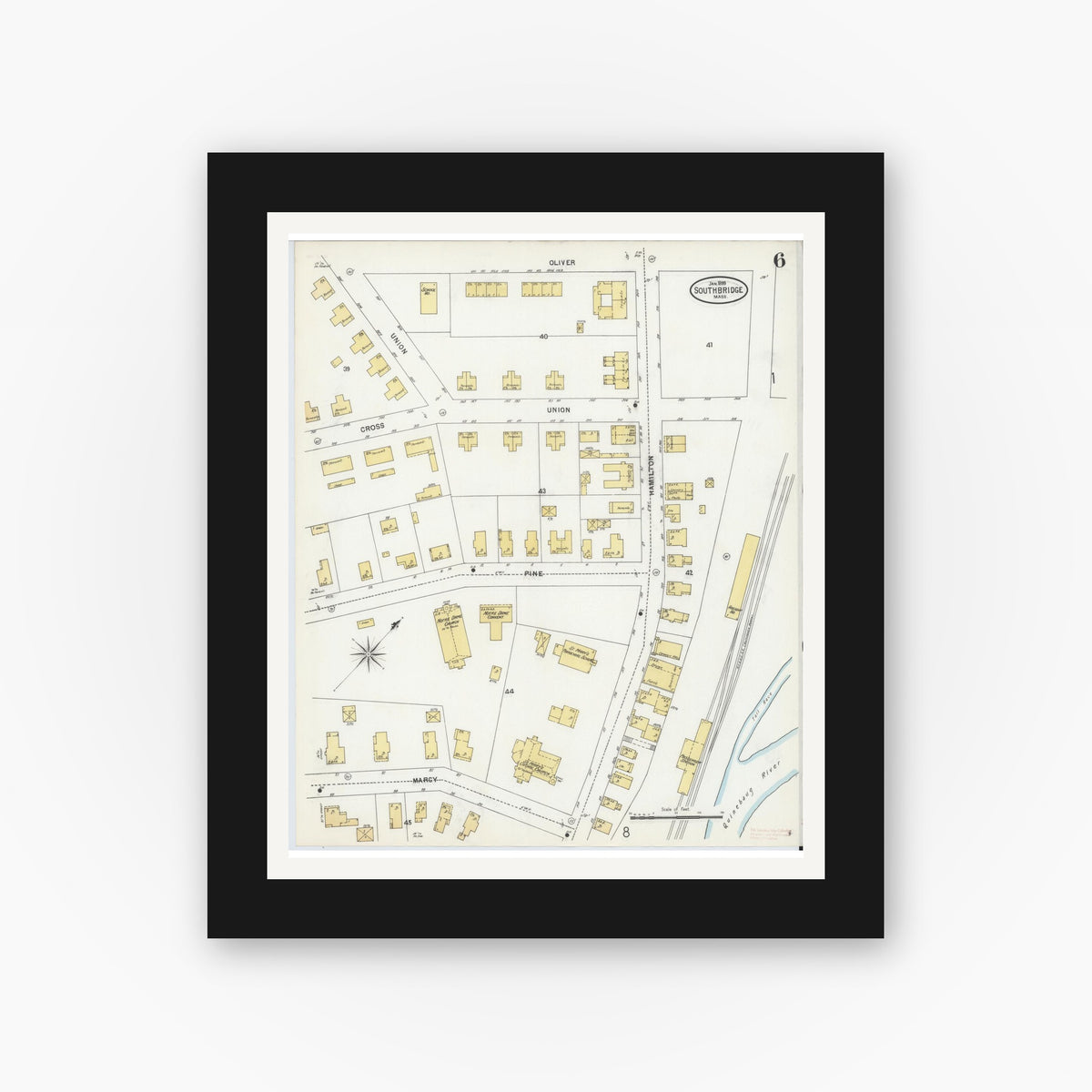 Old map wall art mockup — black gallery frame with white mat — Sanborn Fire Insurance Map from Southbridge, Worcester County, Massachusetts (1899), Sheet #0006