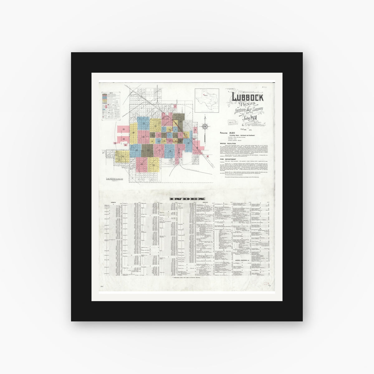 Old map wall art mockup — black gallery frame with white mat — Sanborn Fire Insurance Map from Lubbock, Lubbock County, Texas (1931) - Complete Map Set