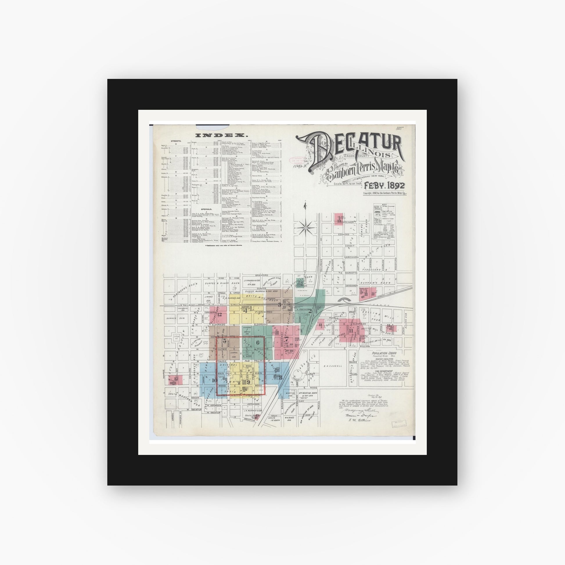 Old map wall art mockup — black gallery frame with white mat — Sanborn Fire Insurance Map from Decatur, Macon County, Illinois (1892), Sheet #0001