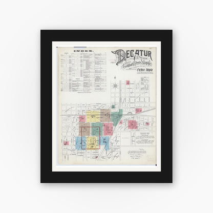 Old map wall art mockup — black gallery frame with white mat — Sanborn Fire Insurance Map from Decatur, Macon County, Illinois (1892), Sheet #0001