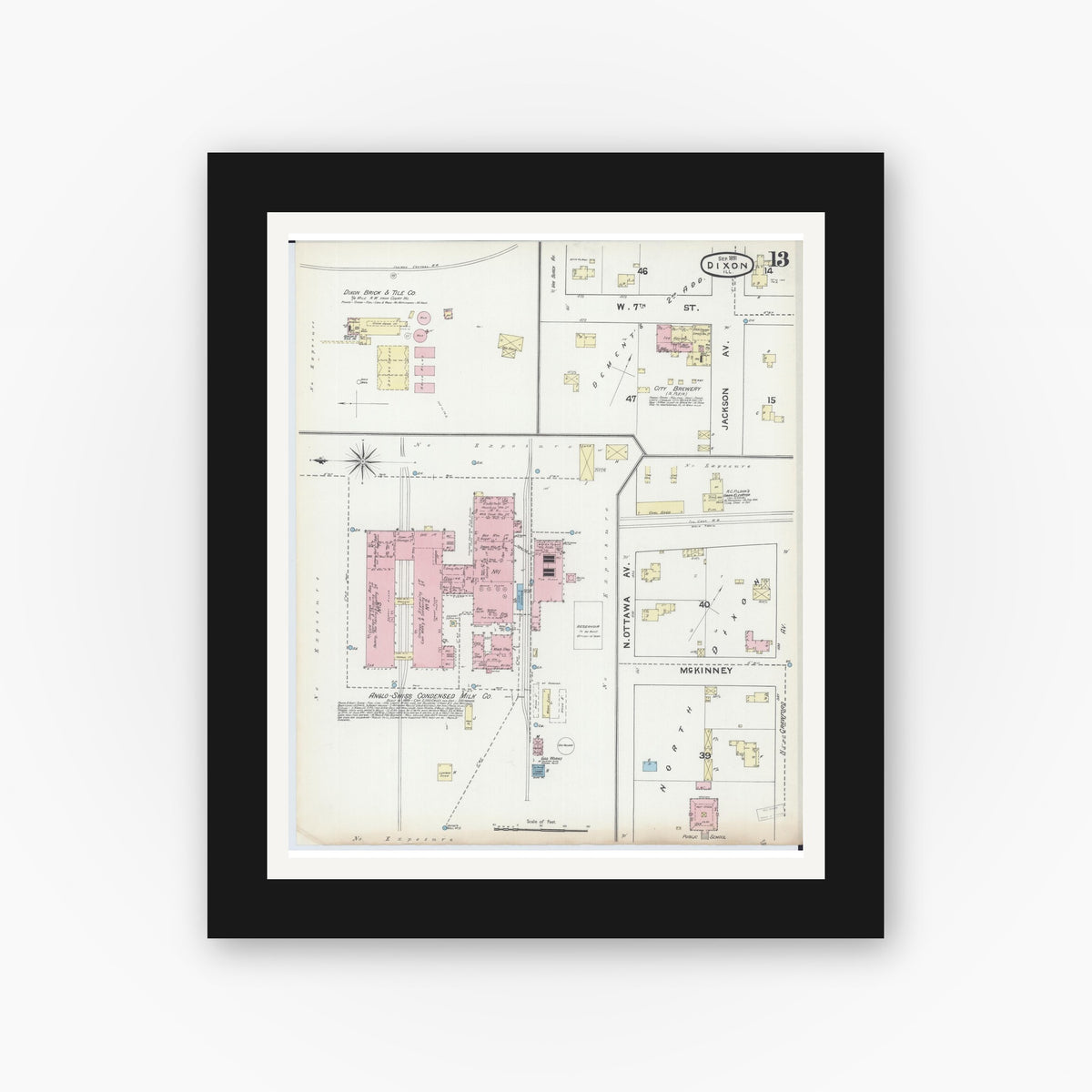 Old map wall art mockup — black gallery frame with white mat — Sanborn Fire Insurance Map from Dixon, Lee County, Illinois (1891), Sheet #0013
