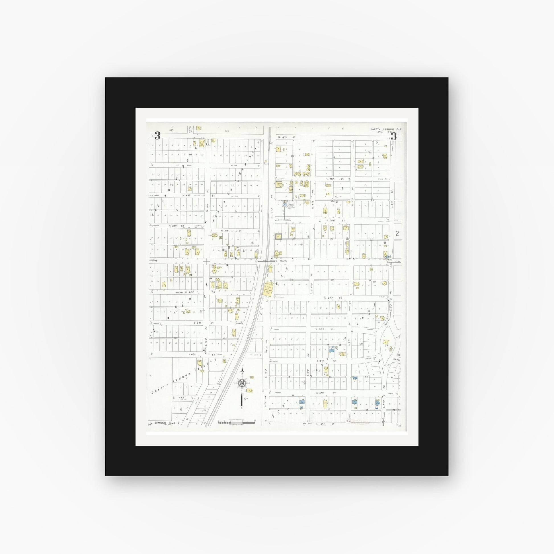 Old map wall art mockup — black gallery frame with white mat — Sanborn Fire Insurance Map from Safety Harbor, Pinellas County, Florida (1933), Sheet #0003