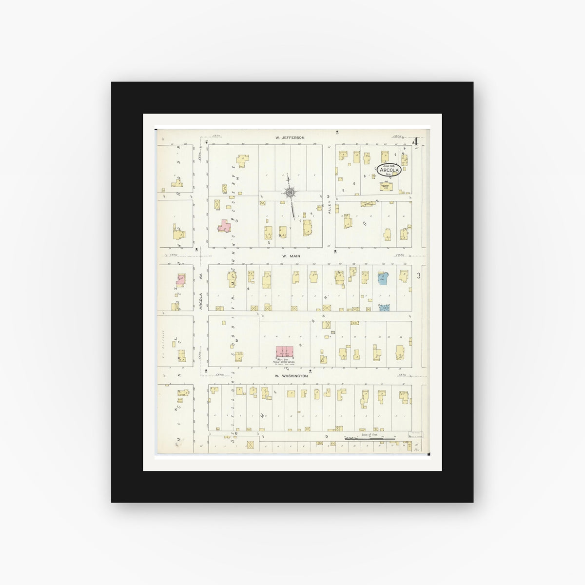 Old map wall art mockup — black gallery frame with white mat — Sanborn Fire Insurance Map from Arcola, Douglas County, Illinois (1914), Sheet #0004